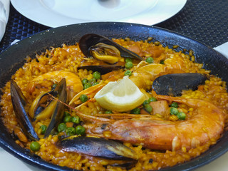 Spanish paella with seafood on the plate