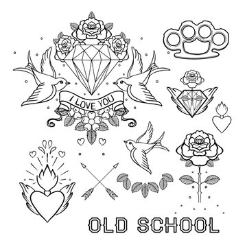 Old school tattoo set. Classic vector tattoo doodle elements: flower, sacred heart, diamond, swallow, brass knuckles. Traditional Drawing Collection. Sticker, patch, pin design.