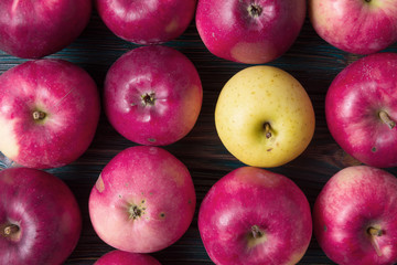 Close up of rustic purple and one yellow apples on wooden background