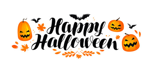 Naklejka premium Happy Halloween banner. Handwritten lettering, calligraphy vector illustration