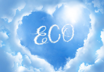 Naklejka na ściany i meble ECO cloudword inside heart cloud frame on blue sky background.