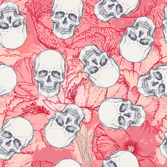 Human skull with peony, rose and poppy flowers on watercolor background.Seamless pattern design. Vector illustration.