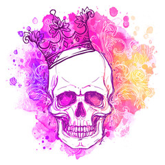 Watercolor sketchy skull with red, blue and purple colors isolated on white background.  Vector illustration.