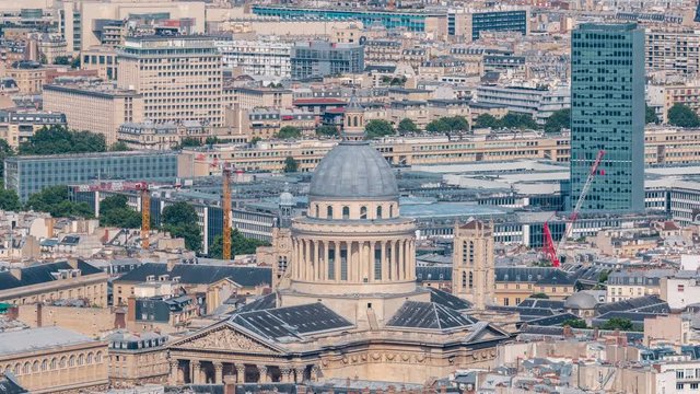 Top view of Paris skyline from observation deck of Montparnasse tower timelapse. Main landmarks of european megapolis. Paris, France