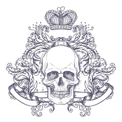 Gothic coat of arms with skull. Vintage label. Retro vector design graphic element. Hand drawn line art. Victorian tattoo template. Isolated vector illustration, design element.