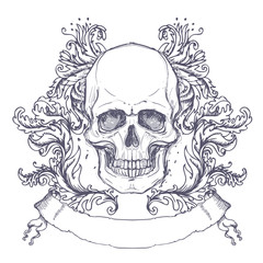 Gothic coat of arms with skull. Vintage label. Retro vector design graphic element. Hand drawn line art. Victorian tattoo template. Isolated vector illustration, design element.