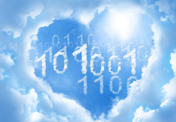 Naklejka na ściany i meble 010101 code cloudword inside heart cloud frame on blue sky background.