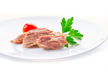 Stew Meat with herbs isolated on white background