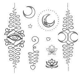 Lotus and Sacred Geometry. Unamole hindu symbol of wisdom and path to perfection. Set of tattoo flesh, yoga logo, Buddhism design. Boho print, poster, t-shirt textile. Isolated vector