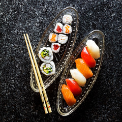 sushi menu . Sushi Set nigiri and sushi rolls, maki, wasabi.