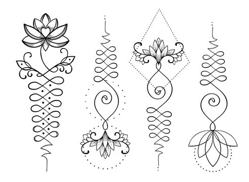 Naklejki Lotus and Sacred Geometry. Unamole hindu symbol of wisdom and path to perfection. Set of tattoo flesh, yoga logo, Buddhism design. Boho print, poster, t-shirt textile. Isolated vector