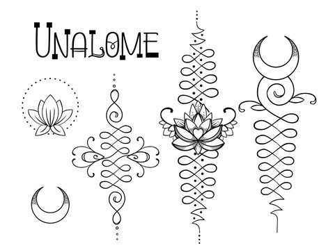 Naklejki Lotus and Sacred Geometry. Unamole hindu symbol of wisdom and path to perfection. Set of tattoo flesh, yoga logo, Buddhism design. Boho print, poster, t-shirt textile. Isolated vector