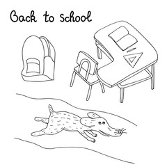Back to school hand drawn set. Artistic sketch. Desk, backpack and running dog