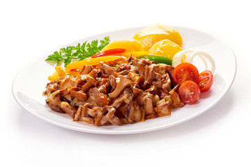 Fried mushrooms Chanterelle in creamy sauce with boiled potatoes