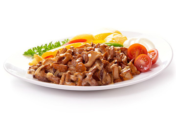 Fried mushrooms Chanterelle in creamy sauce with boiled potatoes