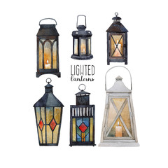 A collection of lanterns with lighted candles inside - with transparent glass and stained glass decoration. All of them are painted in watercolor.