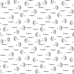 Umbrellas seamless pattern, vector background. Opened and folded umbrellas lie in a puddle of water on white background. For wallpaper design, wrappers, fabrics, decorating.