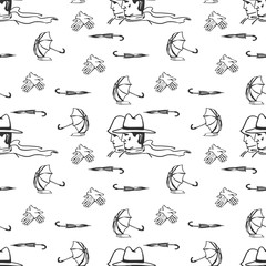 Autumn Spring seamless pattern, vector background. Opened umbrellas lie in a puddle of water, folded umbrellas, gloves, man and woman. For wallpaper design, wrappers, fabrics, decorating.