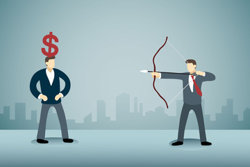 Businessman Aiming bow with arrow to man with Dollar sign on his head.