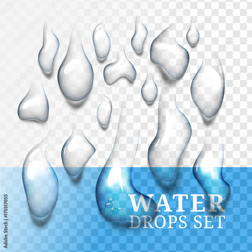 Poster Realistic drops of water with own shadow, liquid on blue and transparent background with transparency effect. Drops can be applied on any color background or object