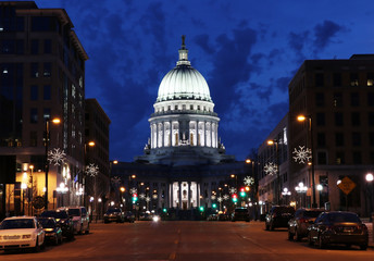 Street view with State capitol building.Wisconsin State Capitol building,National Historic...
