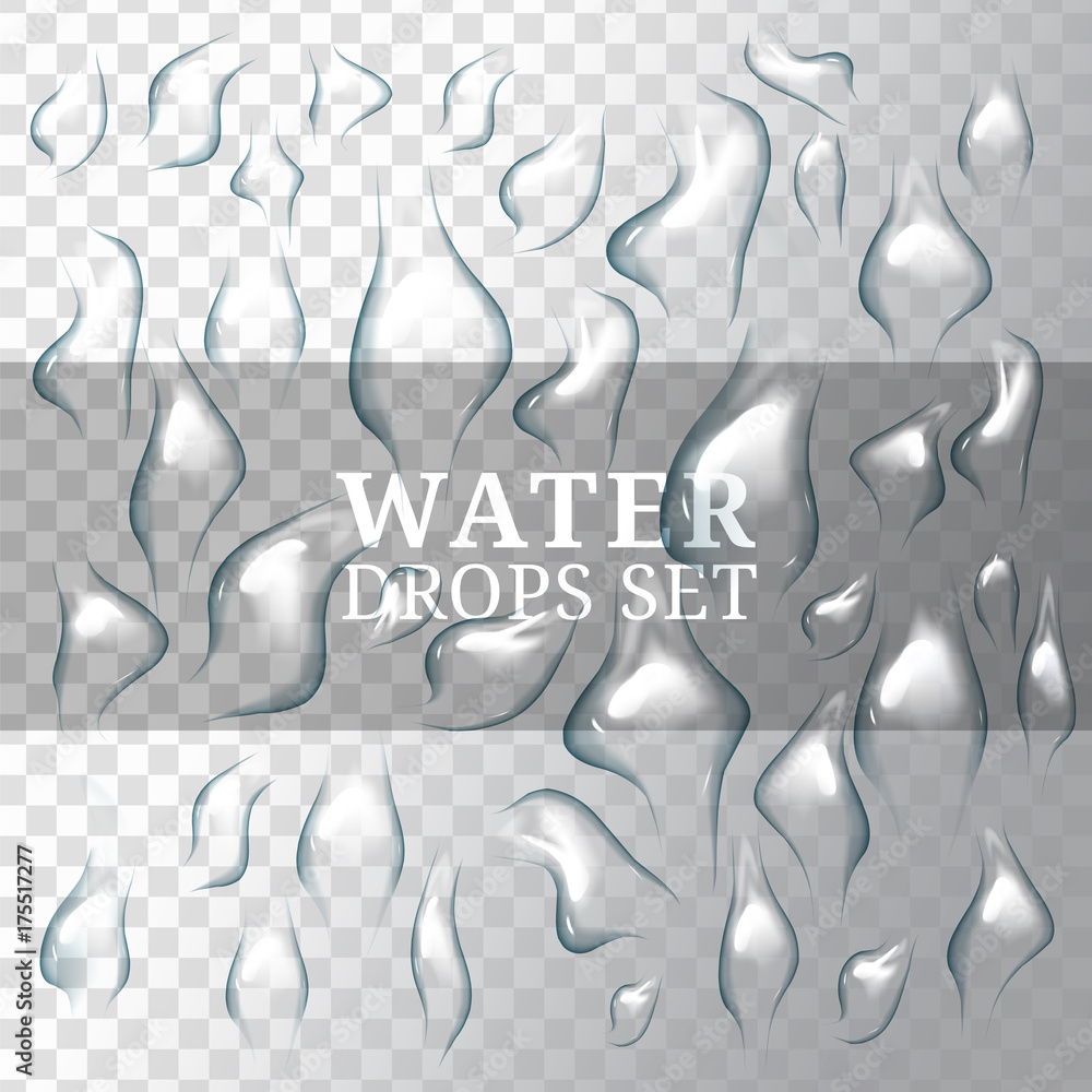 Aufkleber Realistic drops of water with, liquid on transparent and white background with transparency effect. Drops can be applied on any color background or object