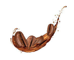 Coffee beans moves in a coffee splashes, isolated on white background