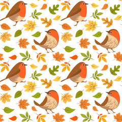 Seamless autumn pattern with birds and fallen leaves.