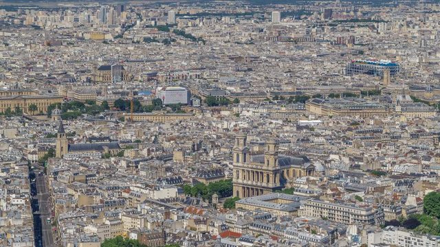 Top view of Paris skyline from observation deck of Montparnasse tower timelapse. Main landmarks of european megapolis. Paris, France