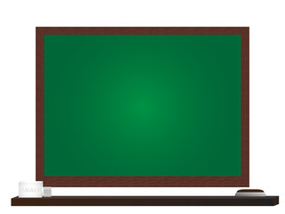 Green board with wooden shelf on white background. Concept copy space for background. Element to education or business  .Vector illustration.