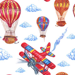 Fototapety  Wzór z samolotów, balonów i chmur, rysunek odręczny.