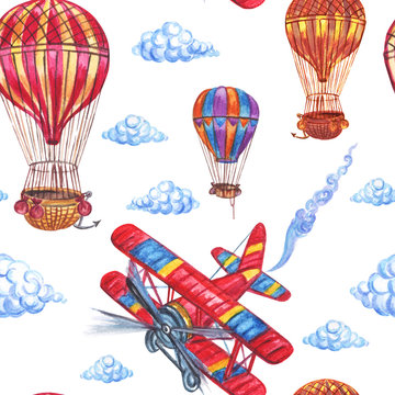 Seamless pattern from airplanes, balloons and clouds, hand drawing.