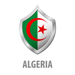 Algeria flag on metal shiny shield vector illustration.