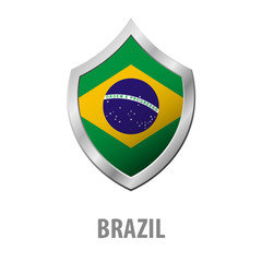Brazil flag on metal shiny shield vector illustration.