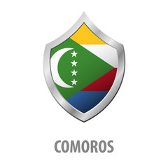 Fototapeta premium Comoros flag on metal shiny shield vector illustration.