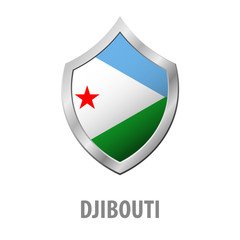 Djibouti flag on metal shiny shield vector illustration.