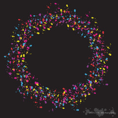 Circle with colorful spots and sprays on a black used to website template or texture background. Abstract art water color vector design.