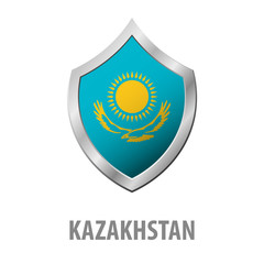 Kazakhstan flag on metal shiny shield vector illustration.