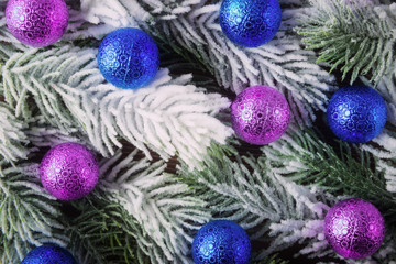 Holiday background with Christmas baubles on snow-covered branches