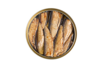 Can with sprats on white background top view