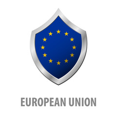 European Union flag on metal shiny shield vector illustration.
