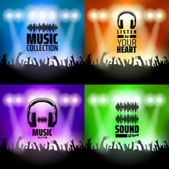 set of four Live concert hall scene with music logo.rays of light. silhouette of crowd people raise hand up in concert with smartphone on color background. vector illustration