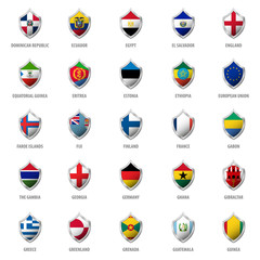Set of flags on metal shiny shield vector illustration.