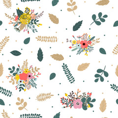 Floral seamless pattern with leaves, branches and flowers. Cute spring floral background