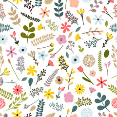Floral seamless pattern with leaves, branches and flowers. Spring floral background