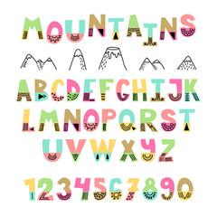 Mountains font. Hand drawn English alphabet. Cute letters and numbers with decoration elements