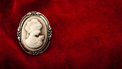 Cameo brooch representing the side portrait of a woman carved in white stone or ivory with golden elements on burgundy red velvet with copy space - obrazy, fototapety, plakaty