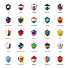 Set of flags on metal shiny shield vector illustration.