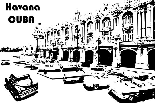 Black and white classic cars in the center of Havana in Cuba. Black and white drawn of Havana city. - vector illustration