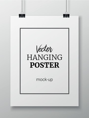 Vector realistic hanging poster mock up for your design or picture on grey wall background
